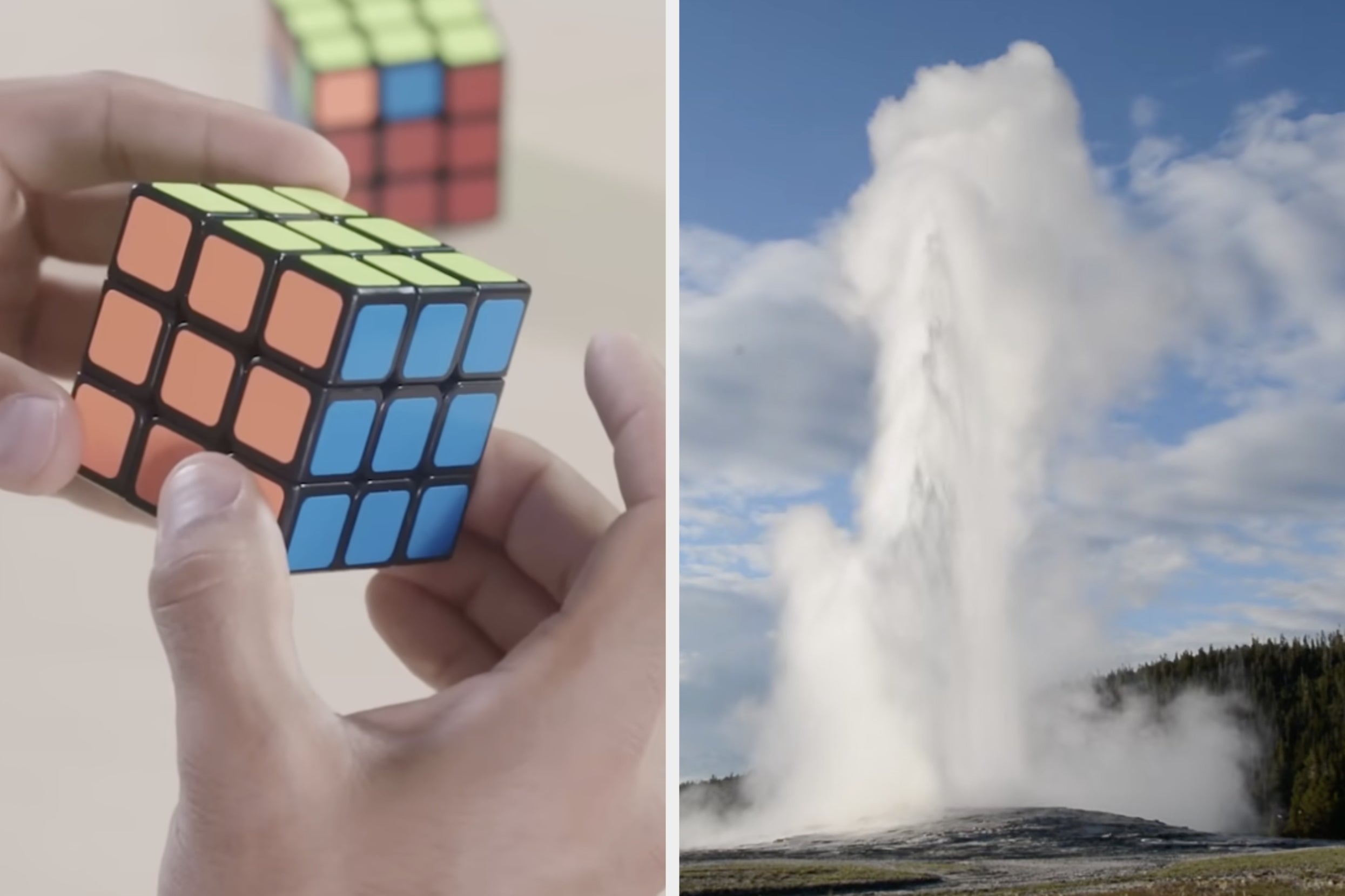Hands solving a Rubik's Cube; geyser erupting in the background, showcasing human skill and nature's power together