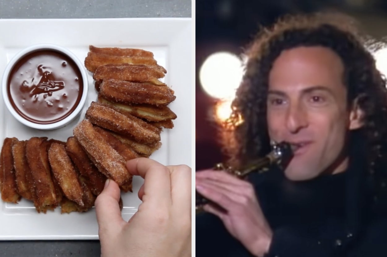 Person playing a woodwind instrument on stage; plate of churros with chocolate sauce beside them