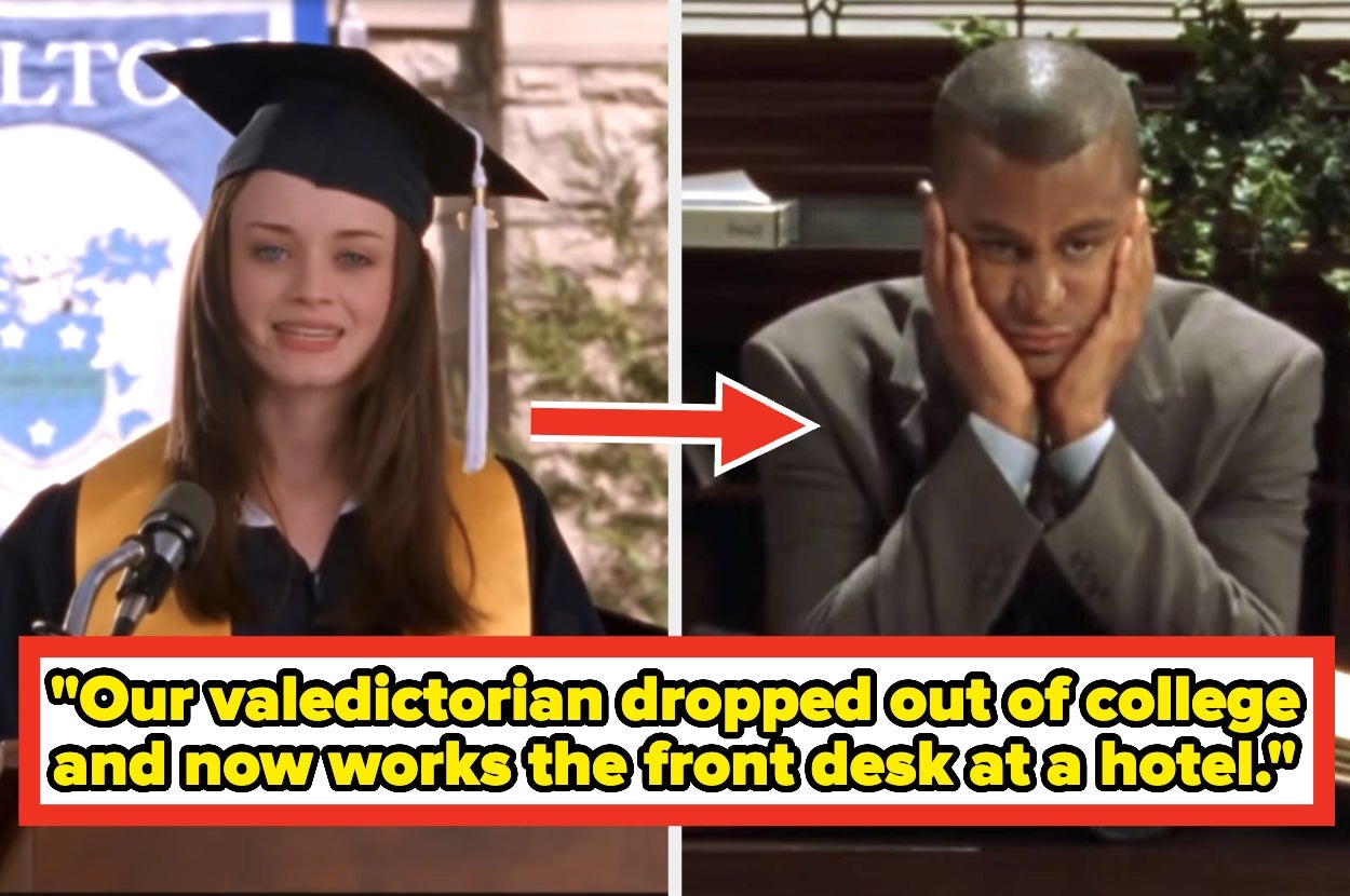 Split image: Left: Alexis Bladel wearing a cap and gown, giving a speech. Right: Yanic Truesdale at a desk with his head in his hands out of boredom. Caption: "Our valedictorian dropped out of college and now works the front desk at a hotel."