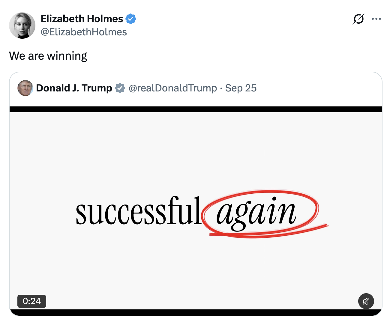 Tweet showing a social media post with "successful again" emphasized by an ellipse, suggesting a tagline. Caption above reads "We are winning."