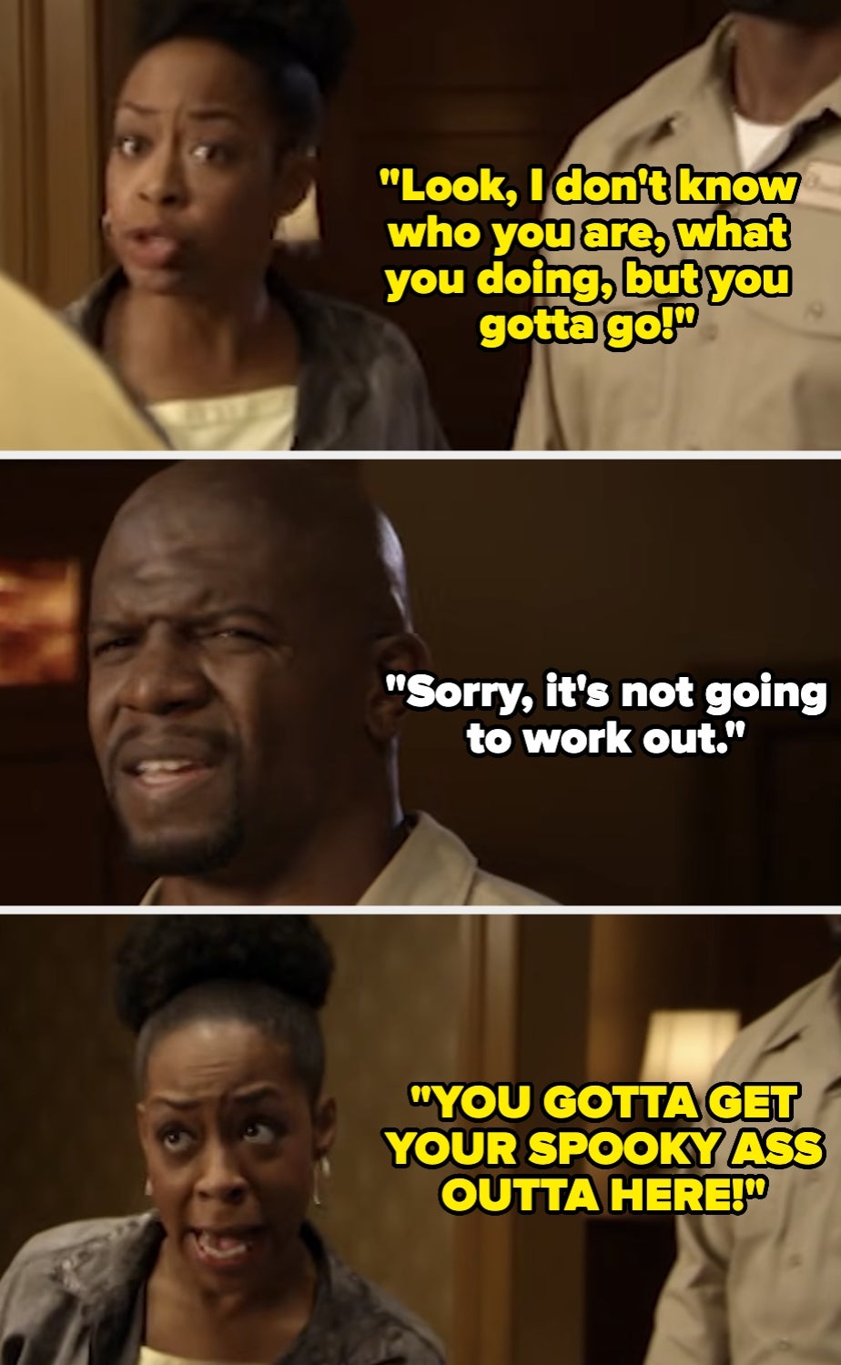 A woman tells a man he needs to leave. The man apologizes. The woman insists he must go