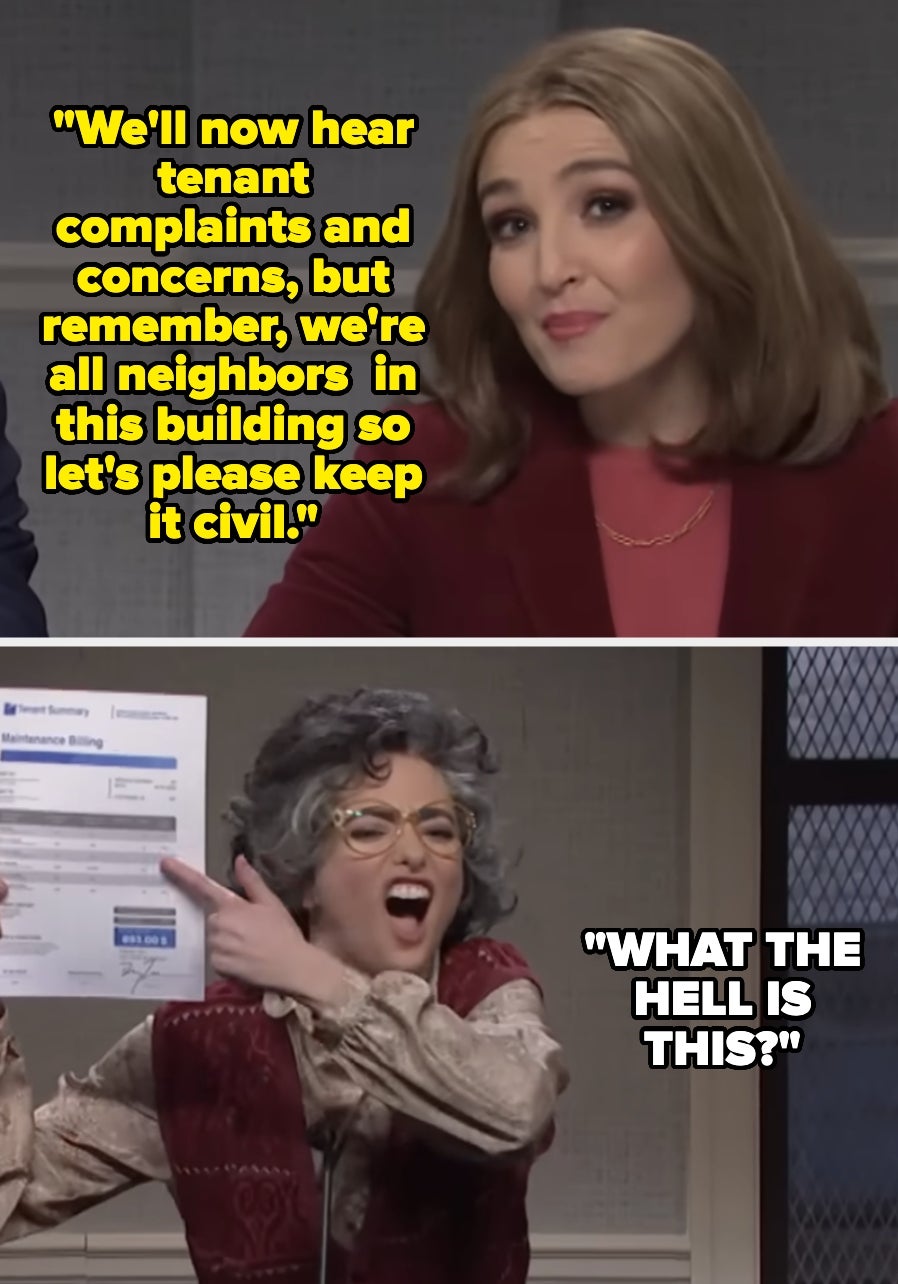 Two people in a humorous sketch; one calmly mentions tenant complaints, while another angrily holds up a document, exclaiming