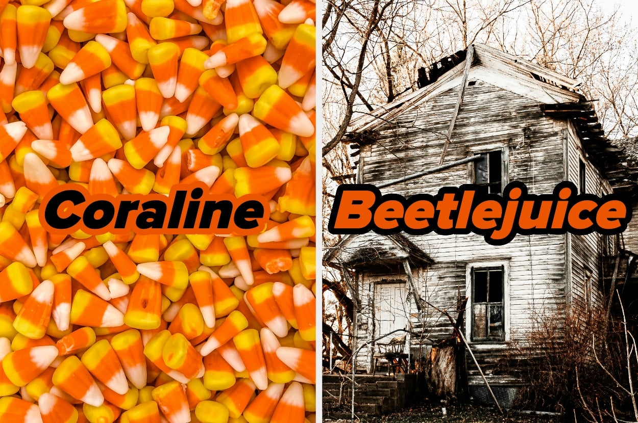 Candy corn with "Coraline" text on the left, alongside an old, spooky house with "Beetlejuice" text on the right