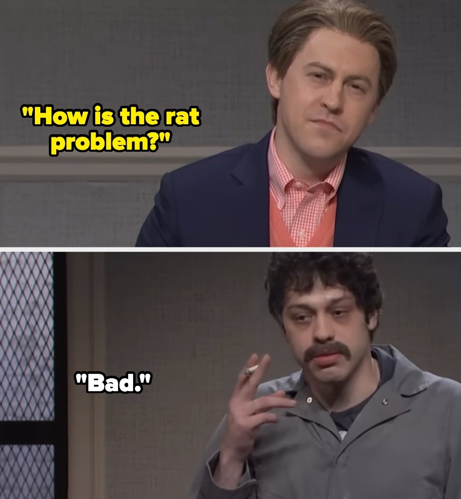 Two men in a comedic skit; one asks about a rat problem, and the other responds with a simple "Bad."