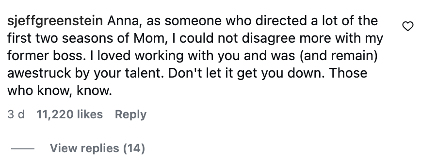 Comment from Jeff praising Anna's talent, expressing disagreement with a erstwhile  brag  astir  her enactment    connected  the amusement   "Mom," and offering encouragement