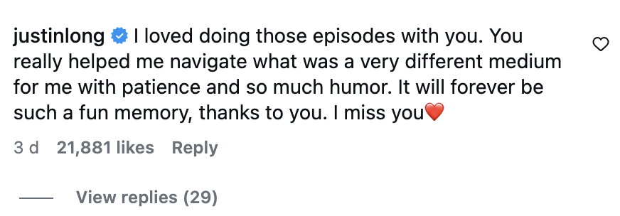 Comment from Justin Long expressing gratitude and fond memories of moving   with Anna