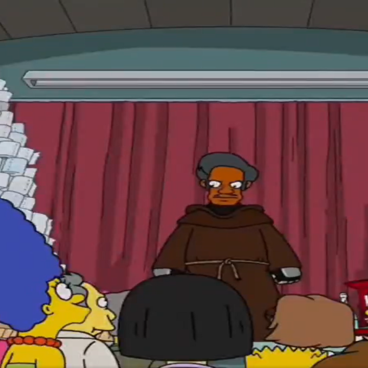 Cartoon scene: Apu is wearing a robe, standing between a pyramid of toilet paper and another of Duff beer, facing a crowd of Simpsons characters.