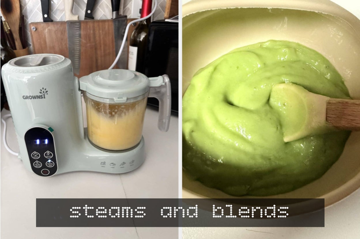 Baby food processor blending yellow puree, with a bowl of green puree beside it. Caption reads: "steams and blends."