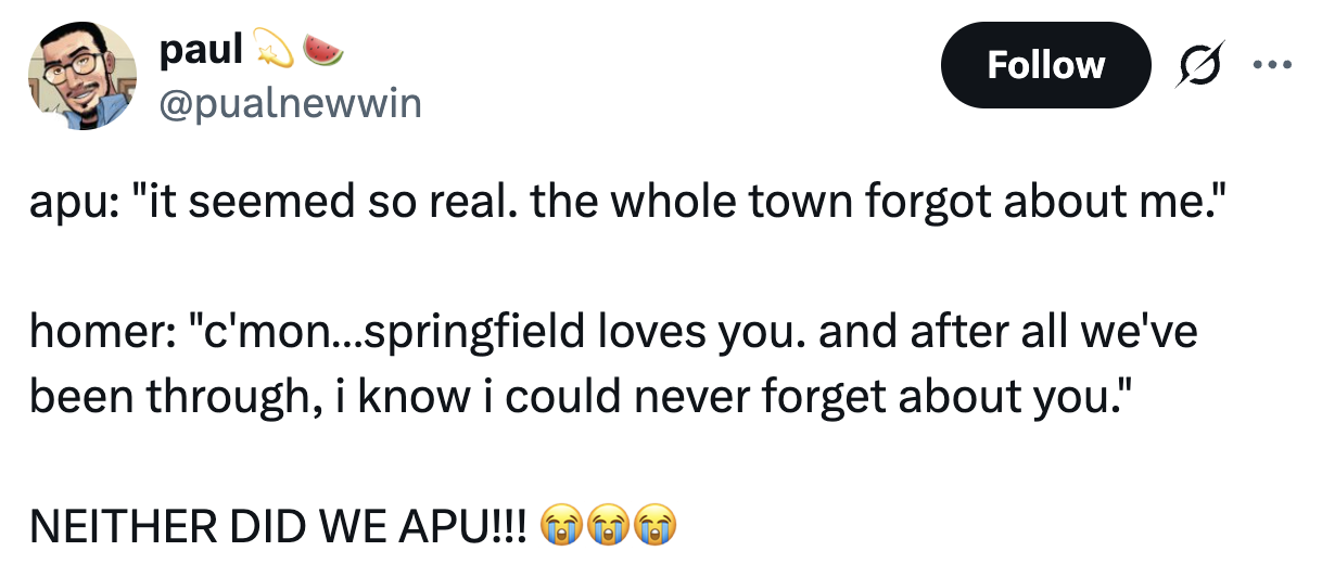 Tweet highlighting a heartfelt infinitesimal betwixt Apu and Homer from "The Simpsons," emphasizing the community's emotion for Apu