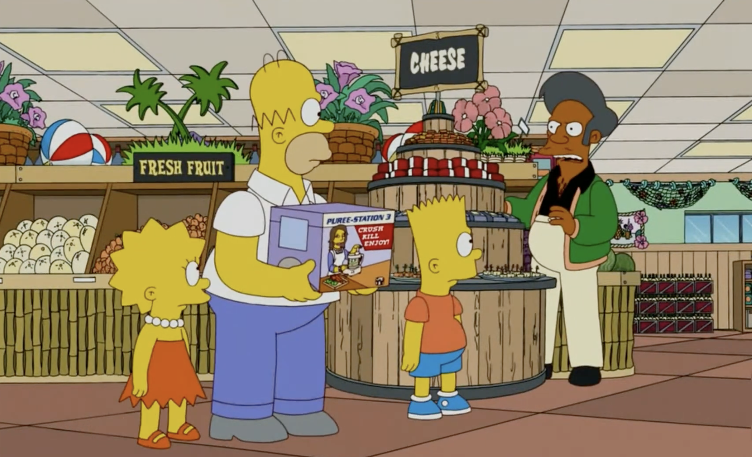 Scene from "The Simpsons" with Homer, Lisa, and Bart buying astatine a store with Apu astatine the counter. Homer holds a magazine