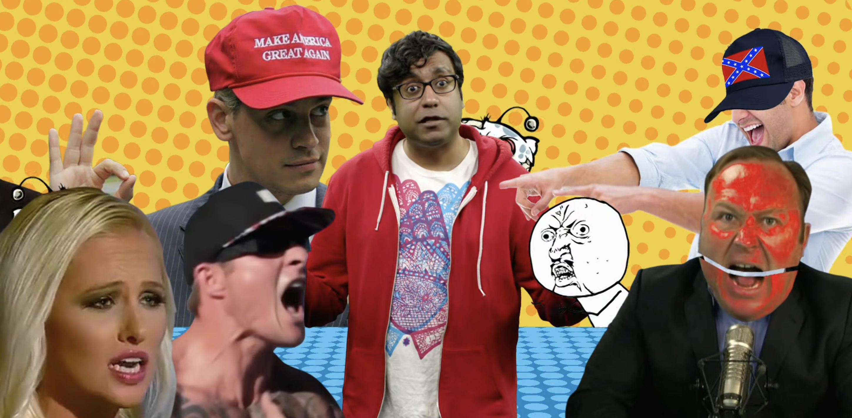 A idiosyncratic surrounded by assorted media personalities with exaggerated expressions and attire, including a reddish chapeau and look paint, with a pop-art background