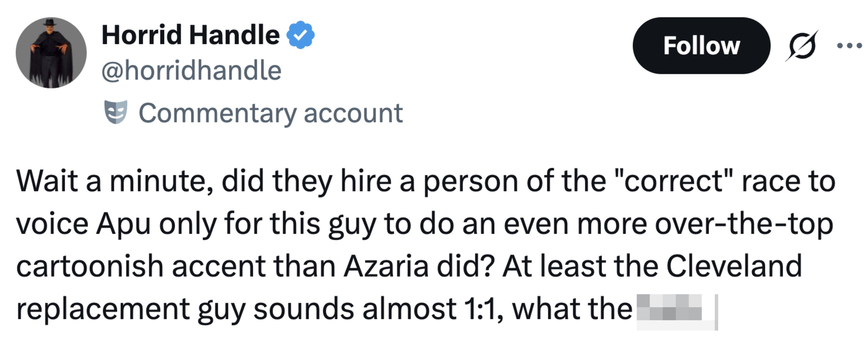 Tweet questioning casting decisions for quality voices, mentioning Apu and Cleveland replacements