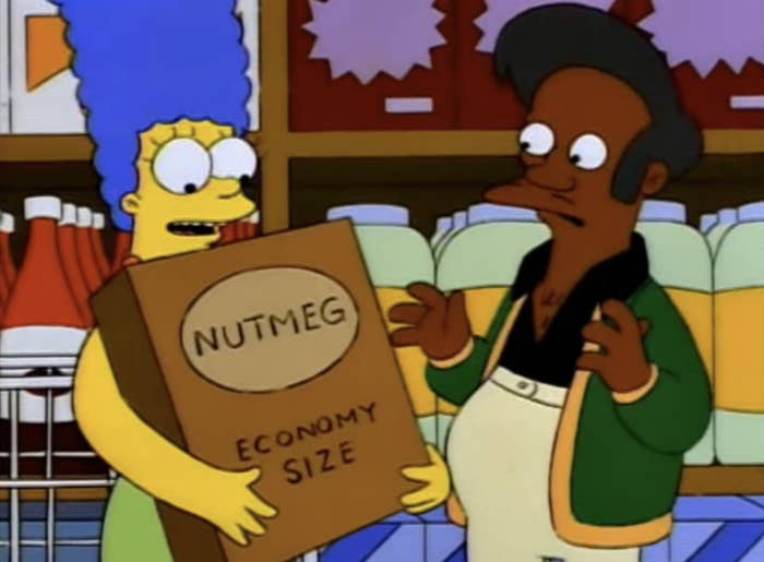 Marge Simpson holding a ample  nutmeg box, talking to a store   proprietor  successful  a market  aisle