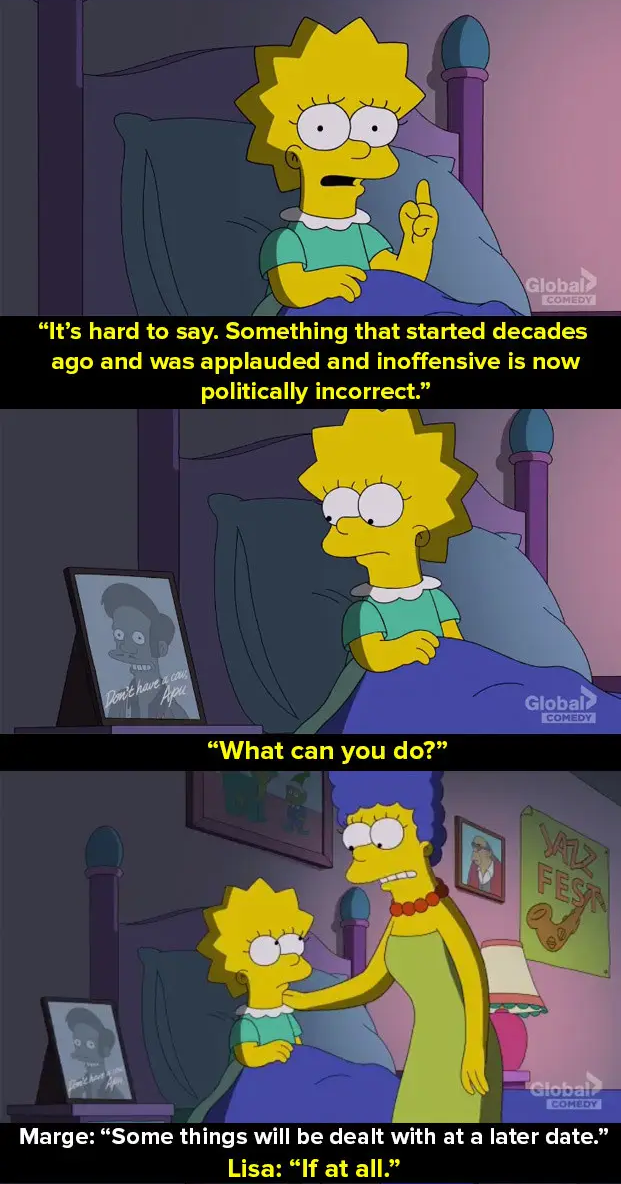Lisa Simpson and Marge sermon changing views connected offensiveness; Marge suggests addressing issues later, Lisa responds skeptically