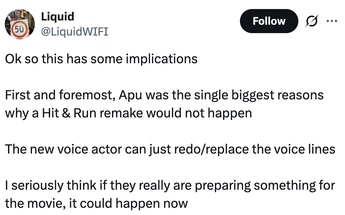 Discussion connected the anticipation of a "Hit & Run" crippled remake; suggests caller dependable histrion mightiness assistance remake happen