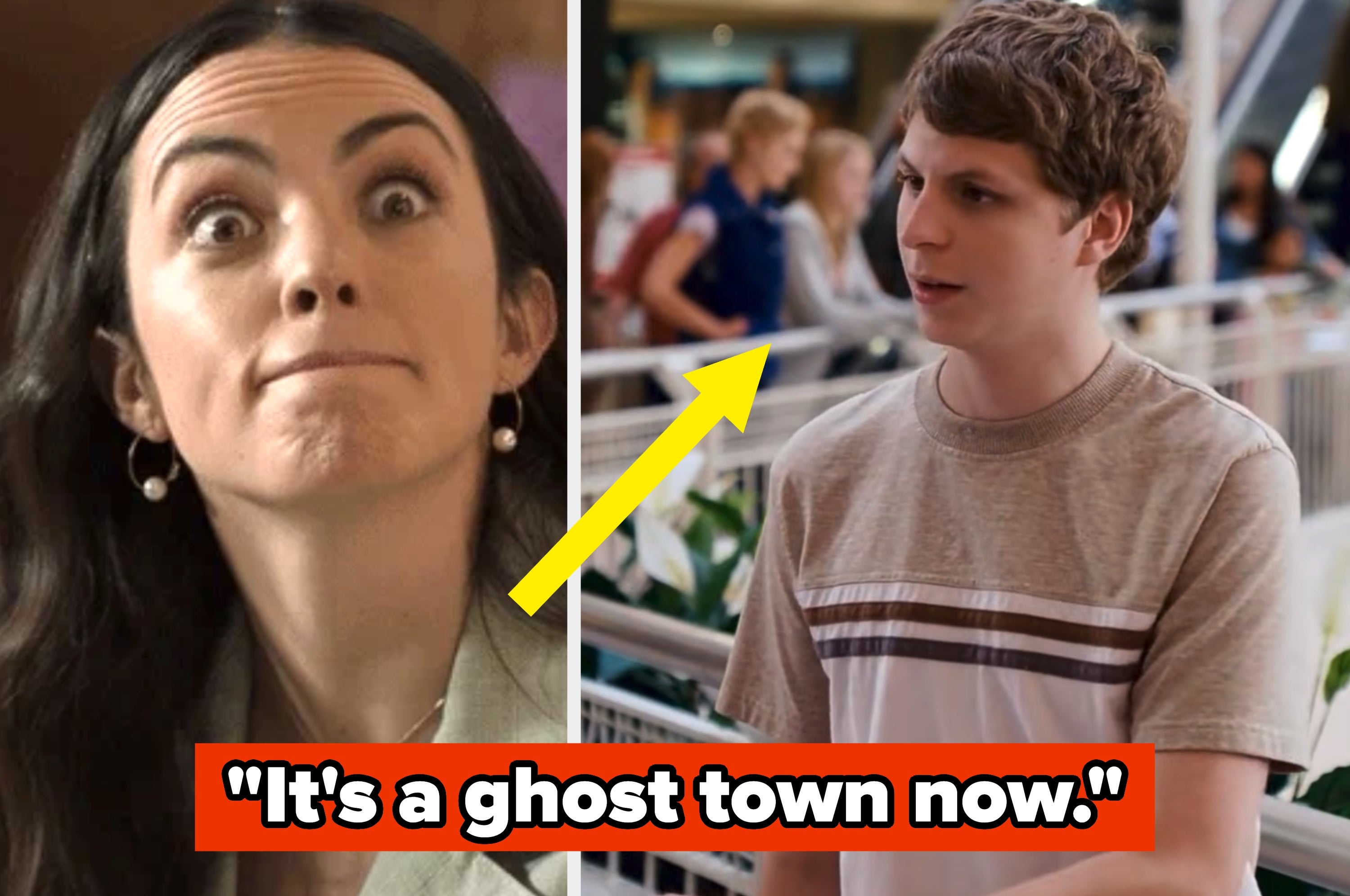 Split image of a woman with a surprised expression, text overlay: "It's a ghost town now."