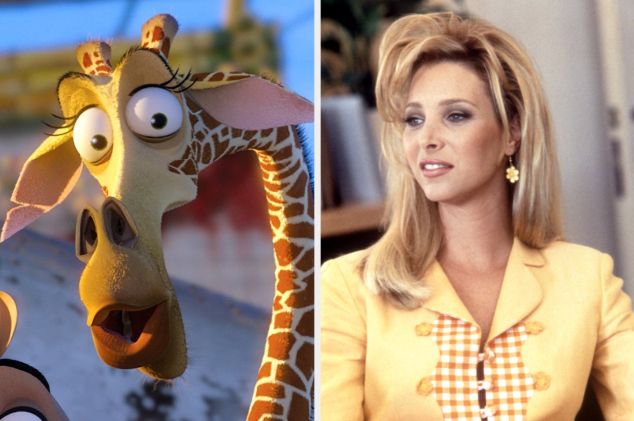 Animated giraffe character next to a person in 90s-style outfit with voluminous hair