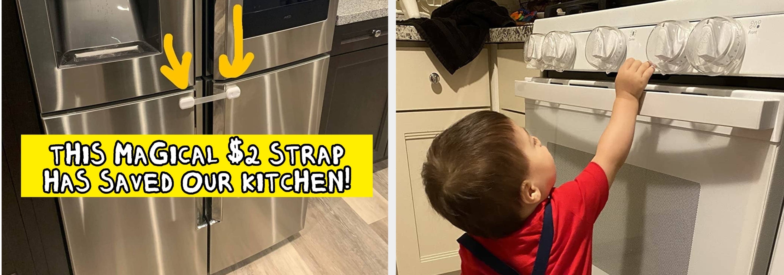 Childproofing tip: A toddler-safe strap on a fridge door prevents opening. Child in red suspenders reaches for stove knobs