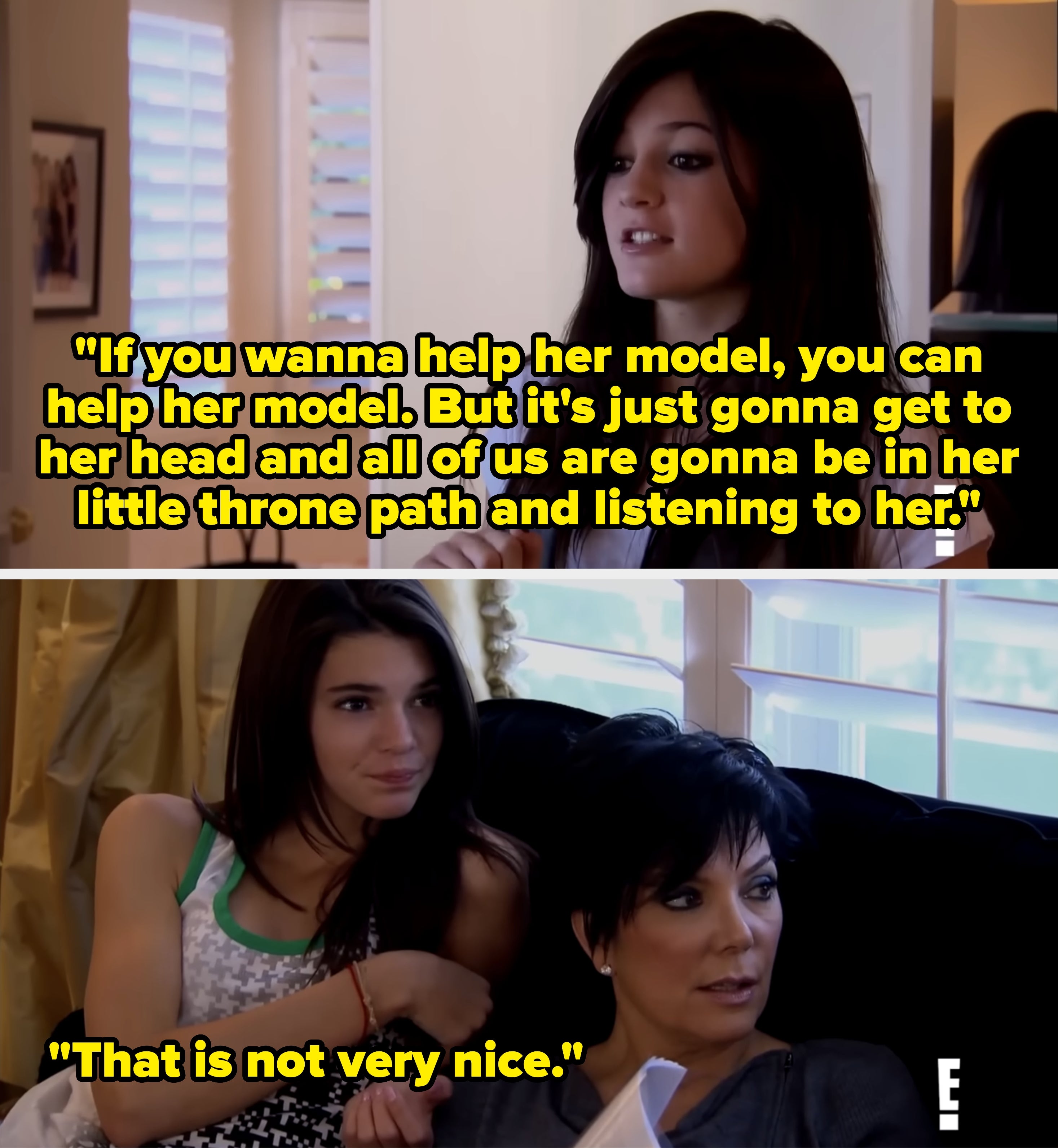 A young Kylie Jenner with long hair looking to the side, standing indoors near a window with shutters, wearing casual clothing.
