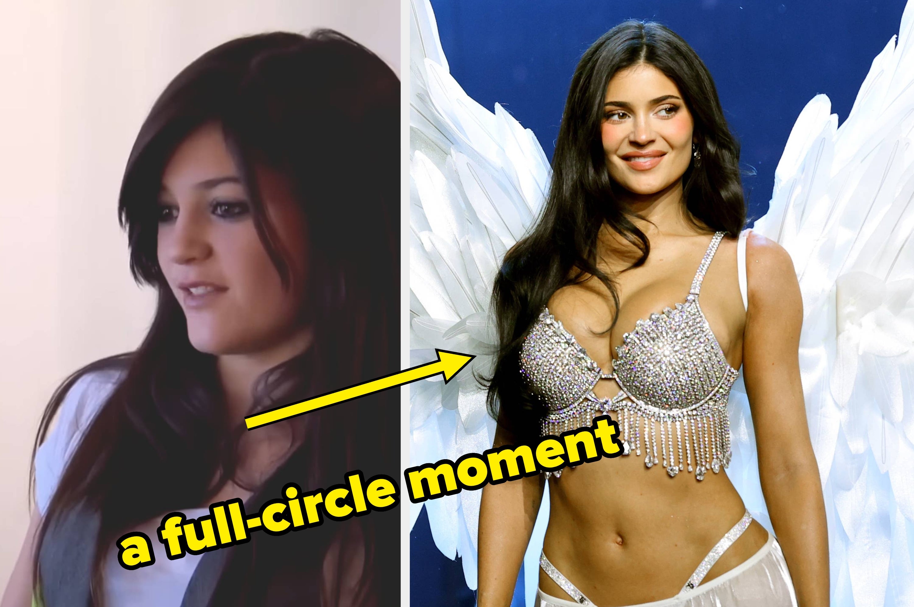 Split image: Left, Kylie Jenner as a young teen. Right, Kylie in a Victoria's Secret bra with feathered wings onstage, described as "a full-circle moment!"