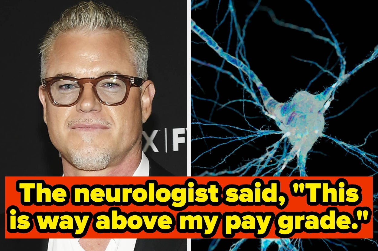 A person posing on the red carpet in stylish glasses and a jacket next to an image of a neuron. Text reads: "The neurologist said, 'This is way above my pay grade.'"