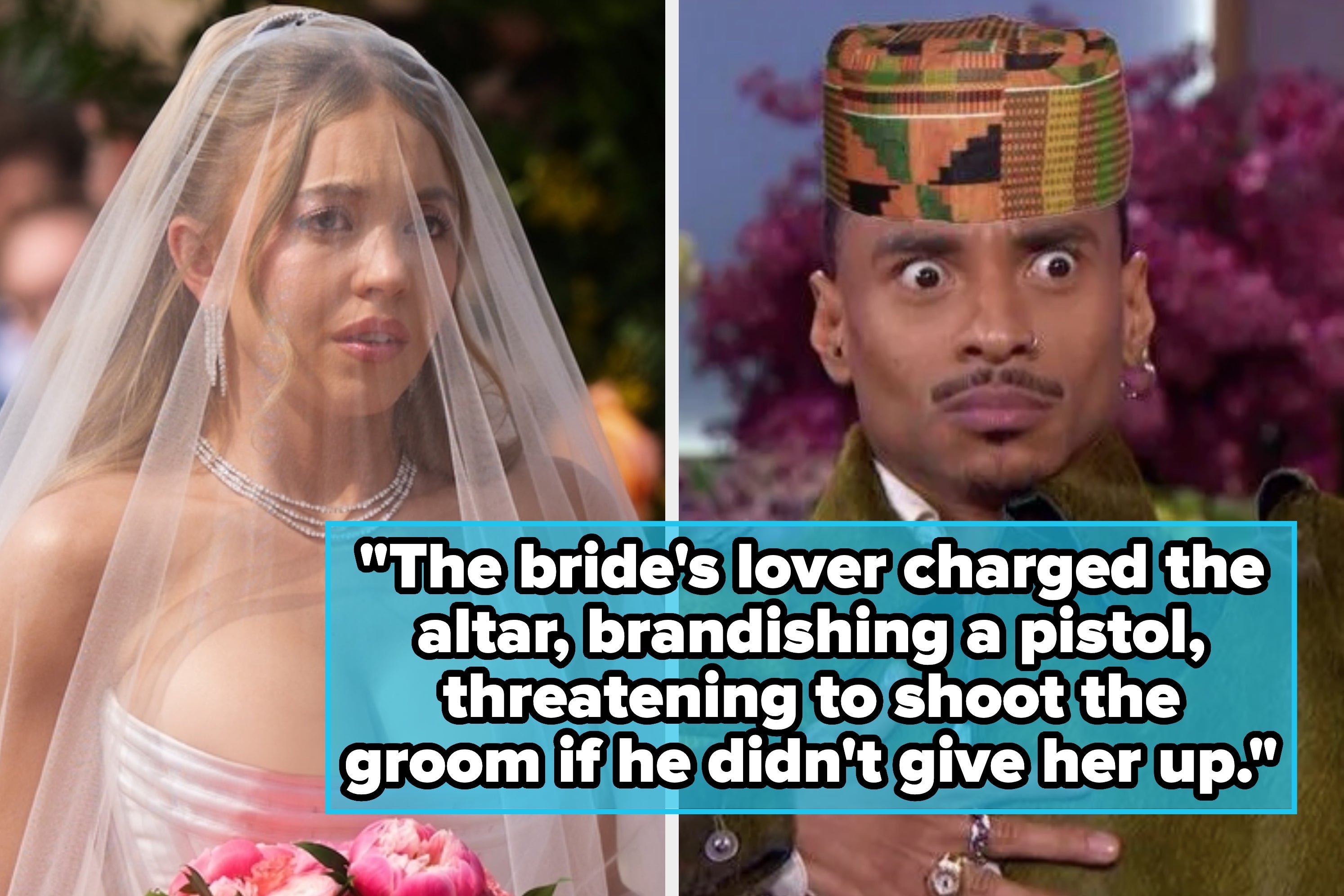 Bride in veil holds bouquet shocked; serious man in patterned hat and suit. Text below describes dramatic wedding scene