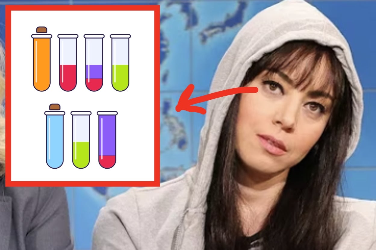 Person in gray hoodie with an image of colorful test tubes on their left. The image is related to games