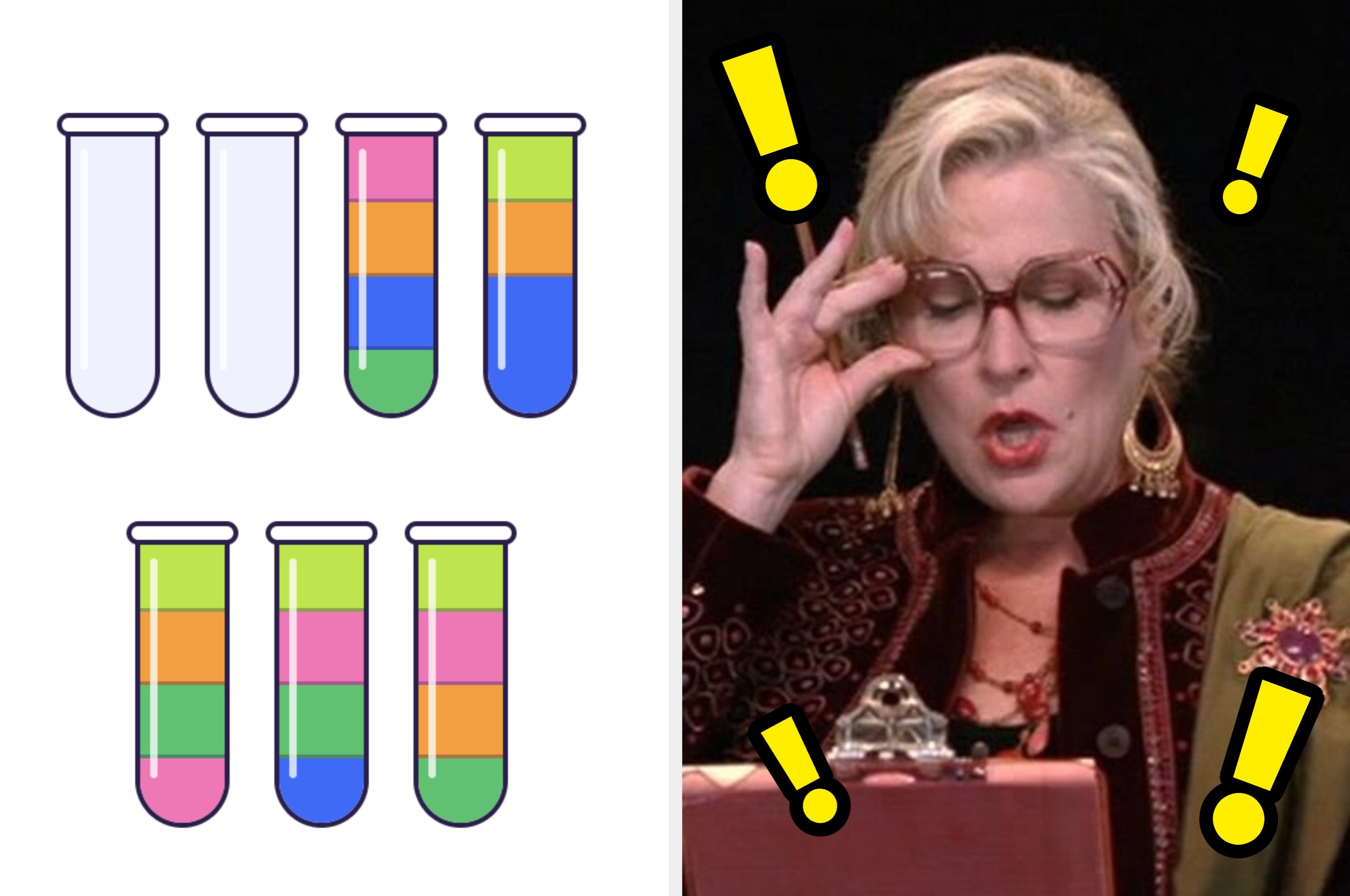 Person smiling next to colorful test tubes with liquids at varying levels. Yellow exclamation marks are around the person and image