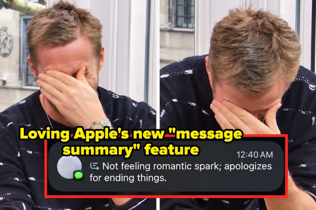 A person laughs while covering their face. A text overlay shows apple summary of text: "not feeling romantic spark; apologizes for ending things"