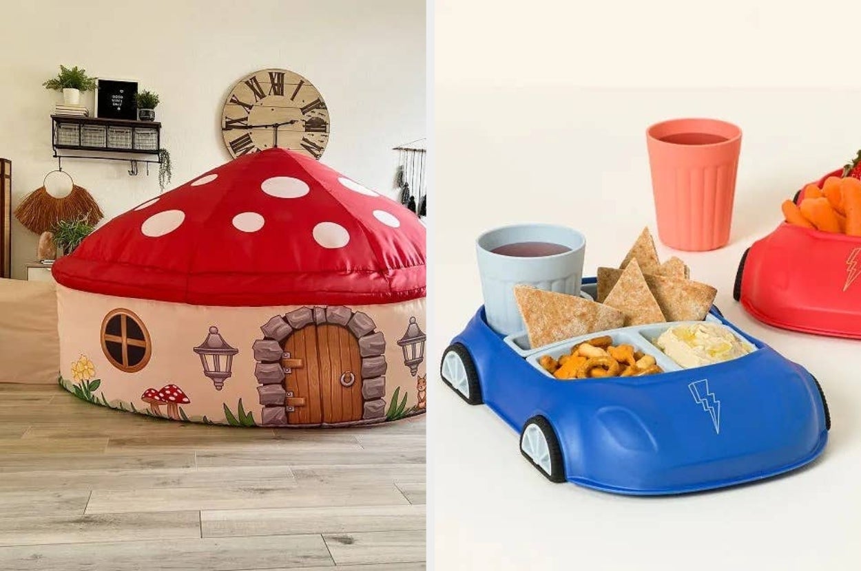 Left: Large mushroom-shaped playhouse with door and window. Right: Blue car-shaped plate with snacks, drinks, and a pink cup