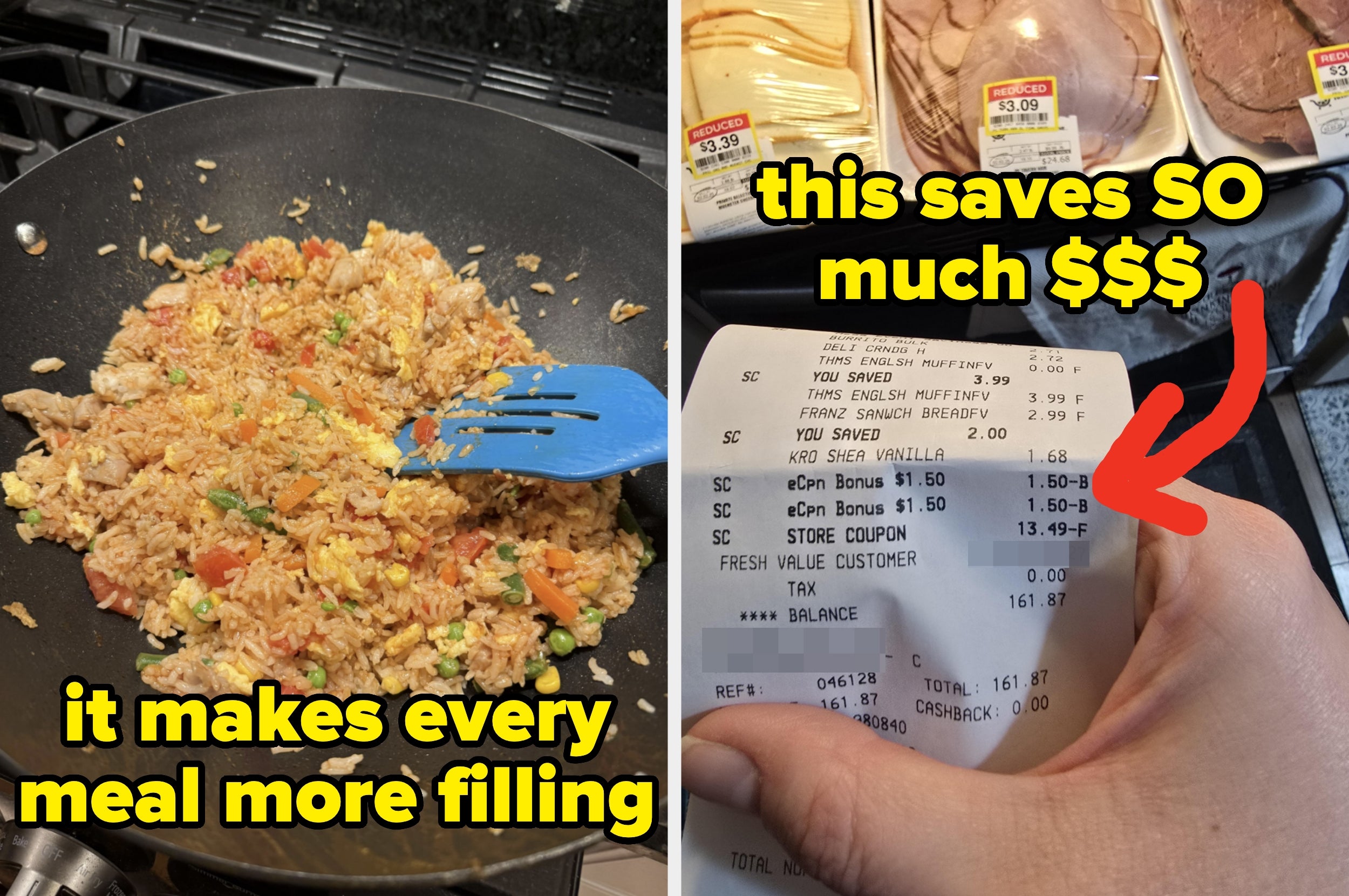 Fried rice being cooked in a pan with text saying it makes meals filling; Hand holding a grocery receipt with text saying this saves money