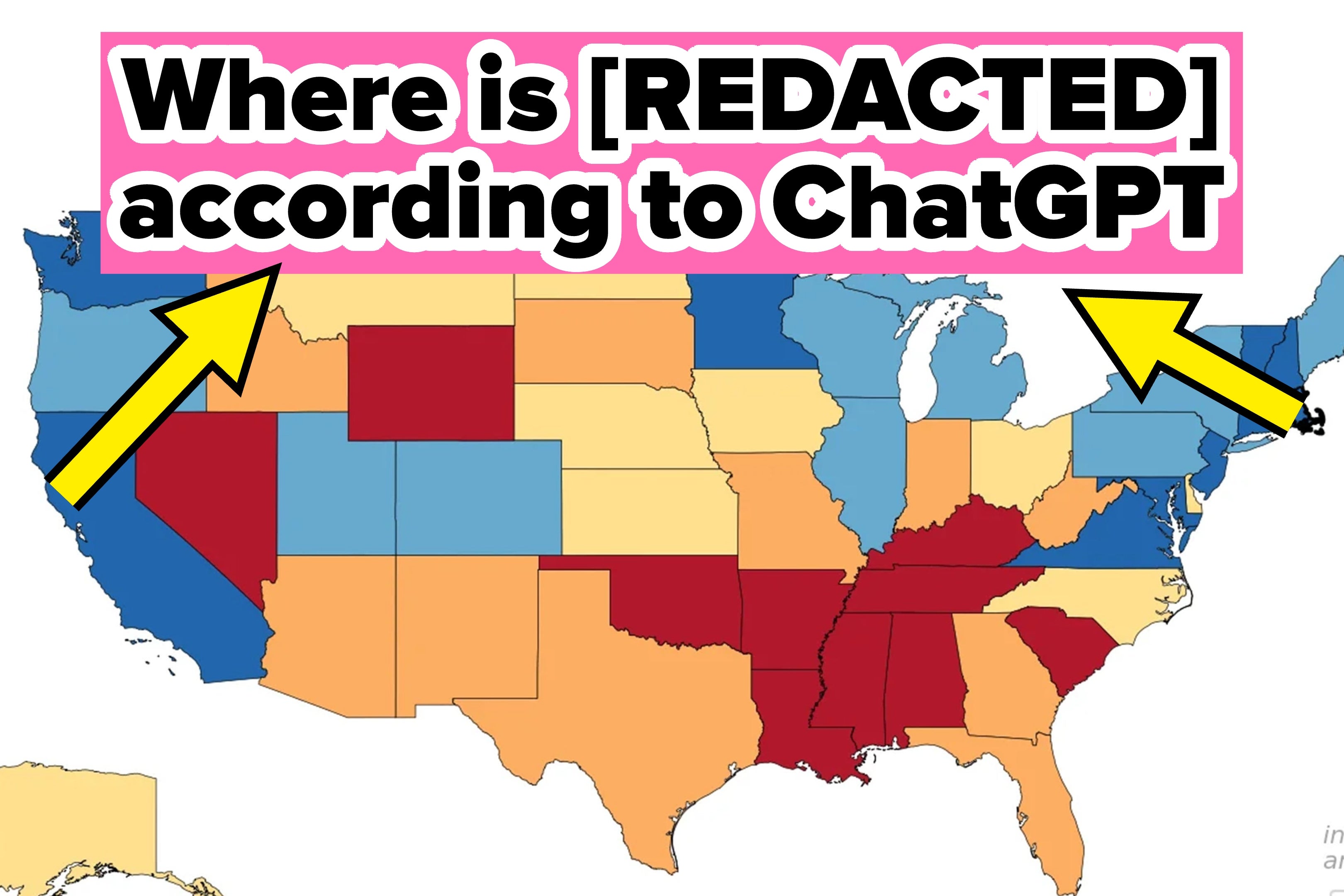 Map showing U.S. states labeled as smarter, medium, or less smart by ChatGPT. Northeast highlighted as smarter