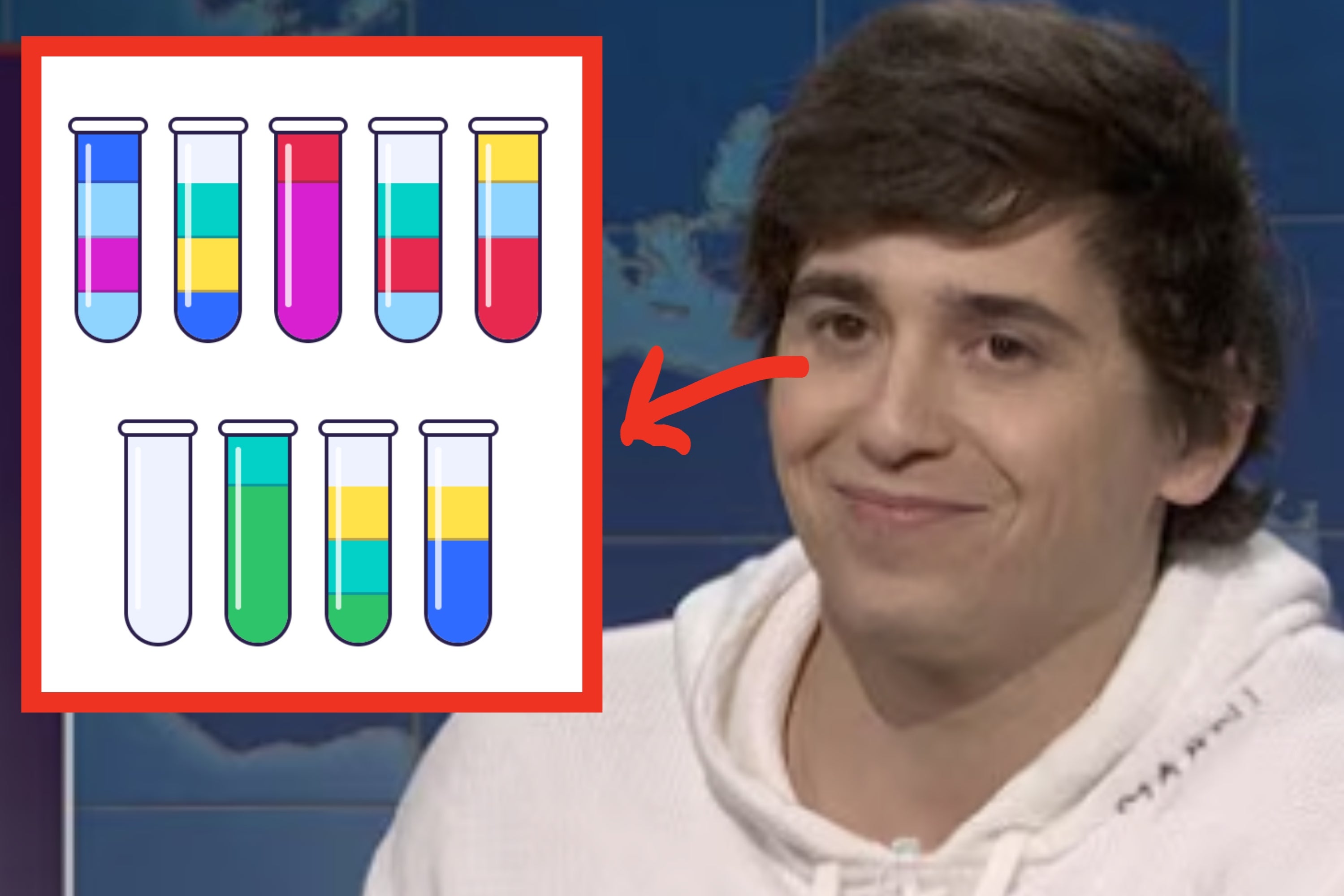 Person in a white hoodie smiling, next to an illustrated puzzle game with multicolored liquid in test tubes