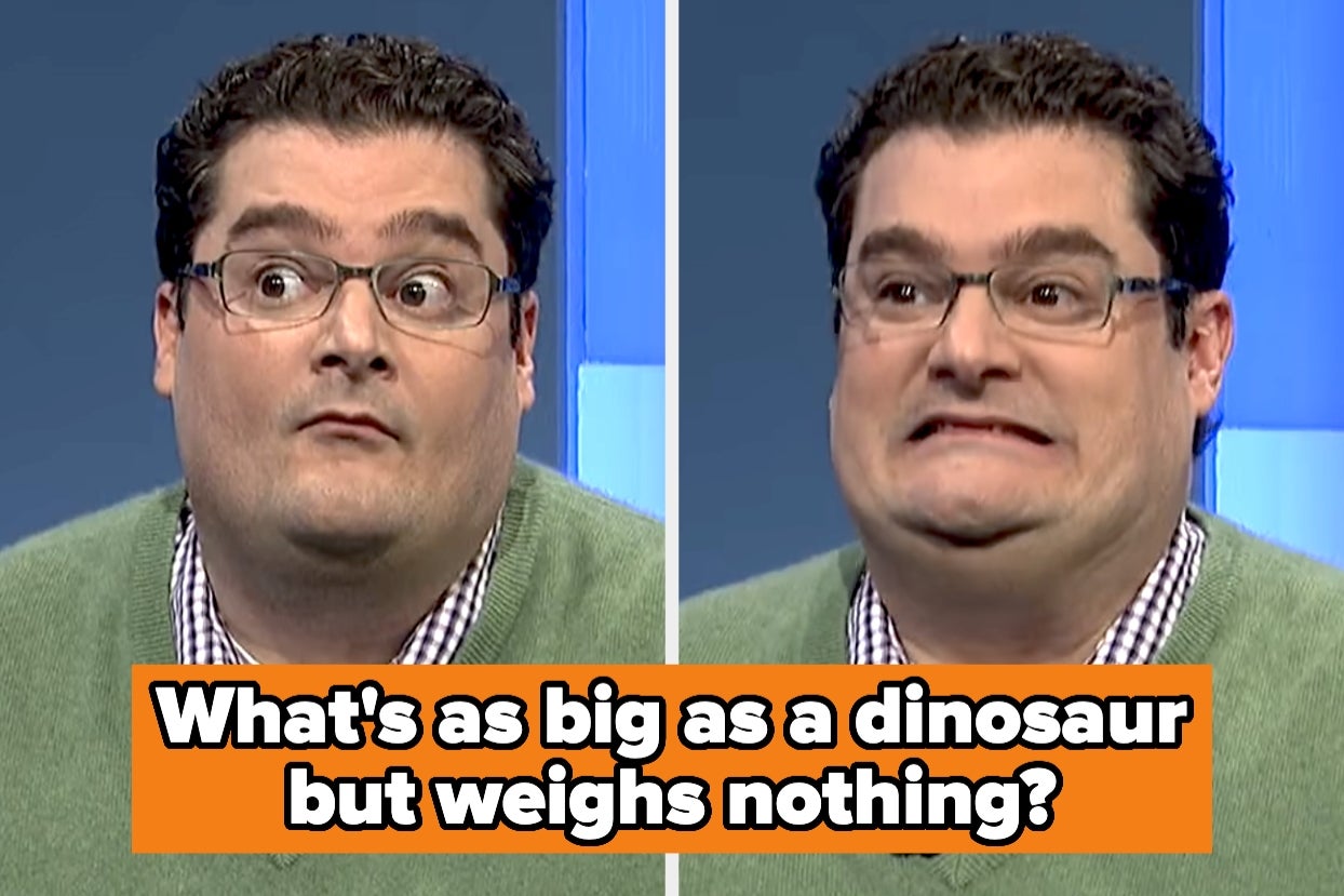 Person in glasses reacting with surprise and uncertainty. Text reads, "What's as big as a dinosaur but weighs nothing?"