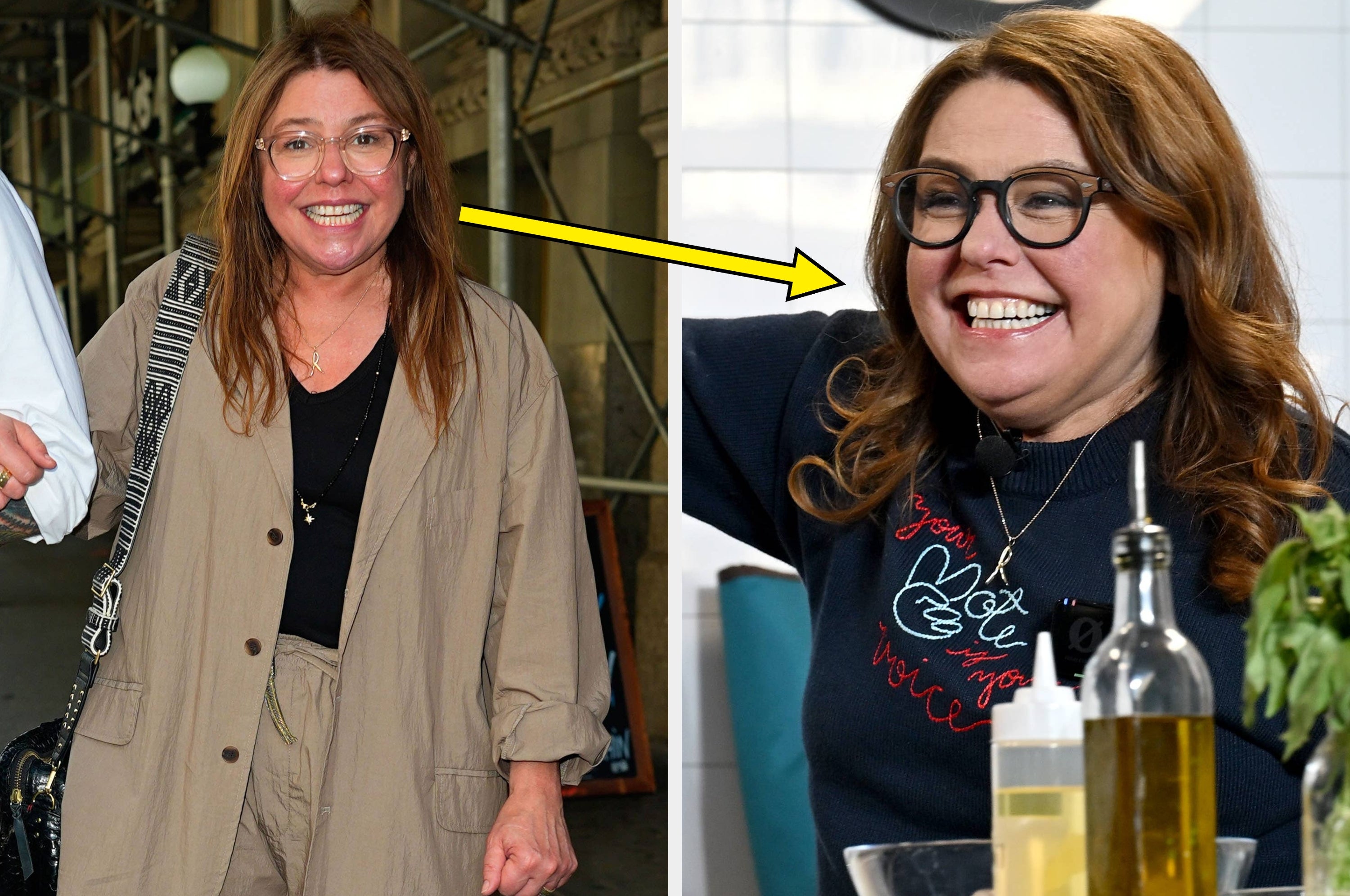 Two side-by-side images of Rachael Ray. Left: casual attire. Right: smiling in a kitchen setting with glasses and a long-sleeve top. Text reads "from health concerns to absolutely glowing!"