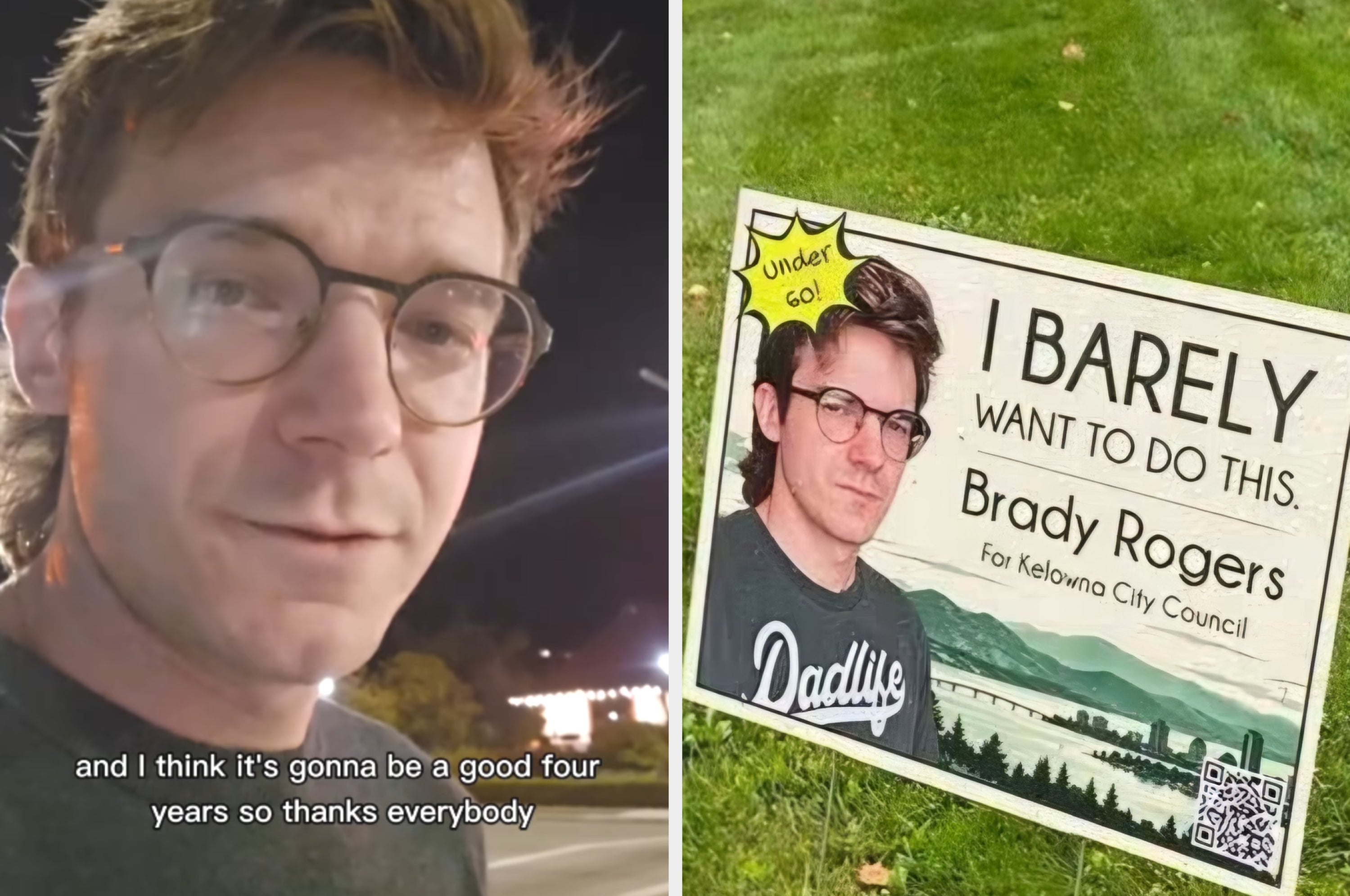 Man with glasses and a casual expression beside a humorous election sign with another photo of him, stating reluctance to run for city council