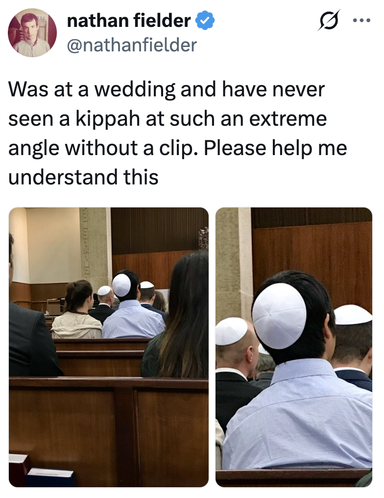 Tweet with 2 images showing men wearing kippahs astatine a wedding, 1 astatine an antithetic angle. Text expresses disorder implicit the kippah's positioning