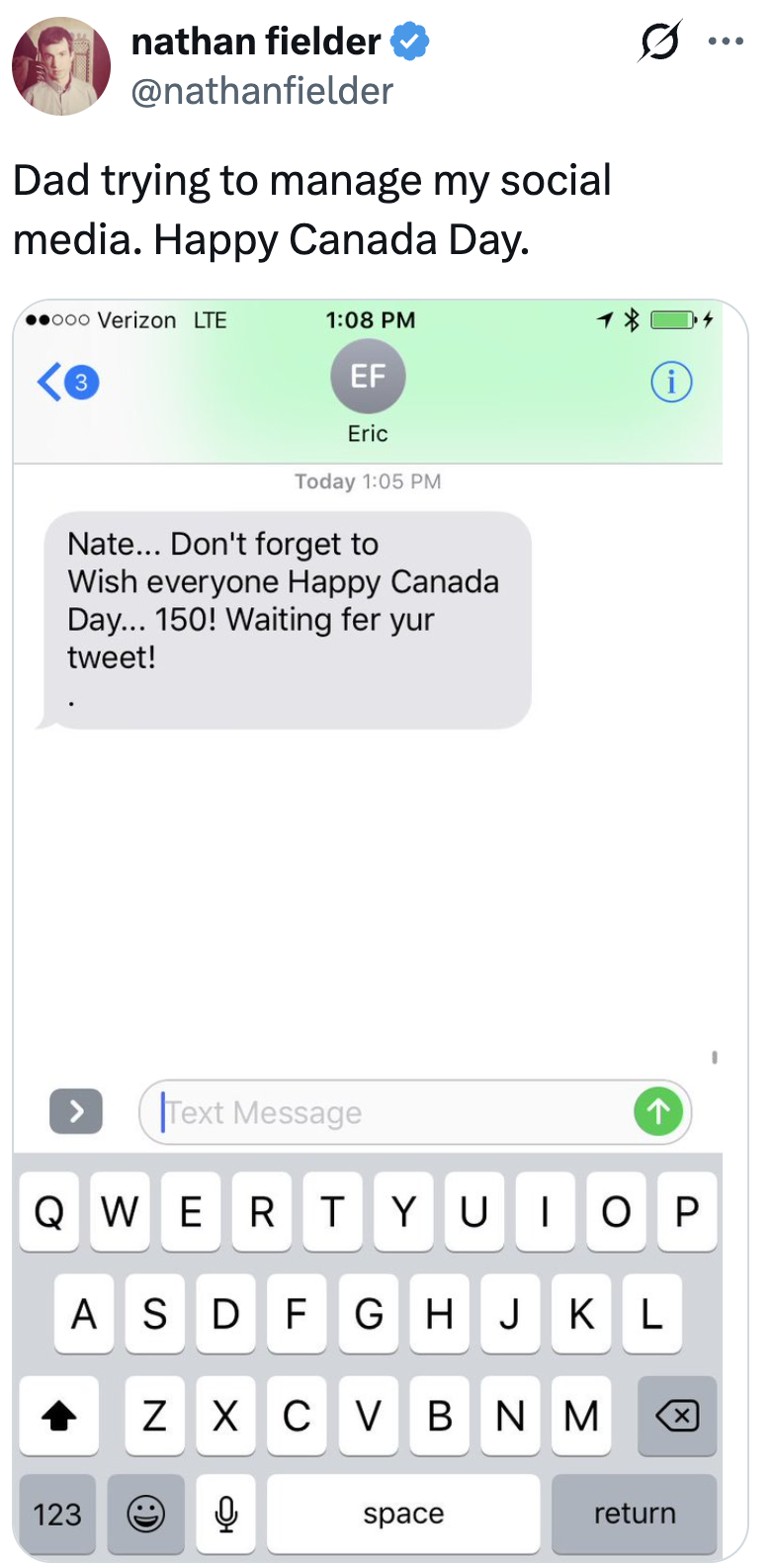 Text connection from Eric to Nate reminding him to tweet a Happy Canada Day message