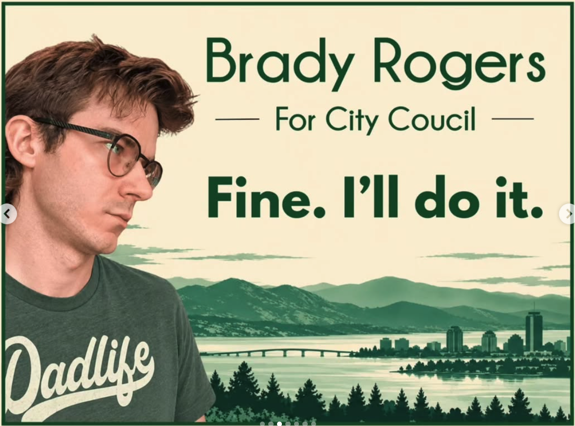 Brady Rogers run poster for City Council with slogan "Fine. I'll bash it." Background shows a metropolis skyline and mountains