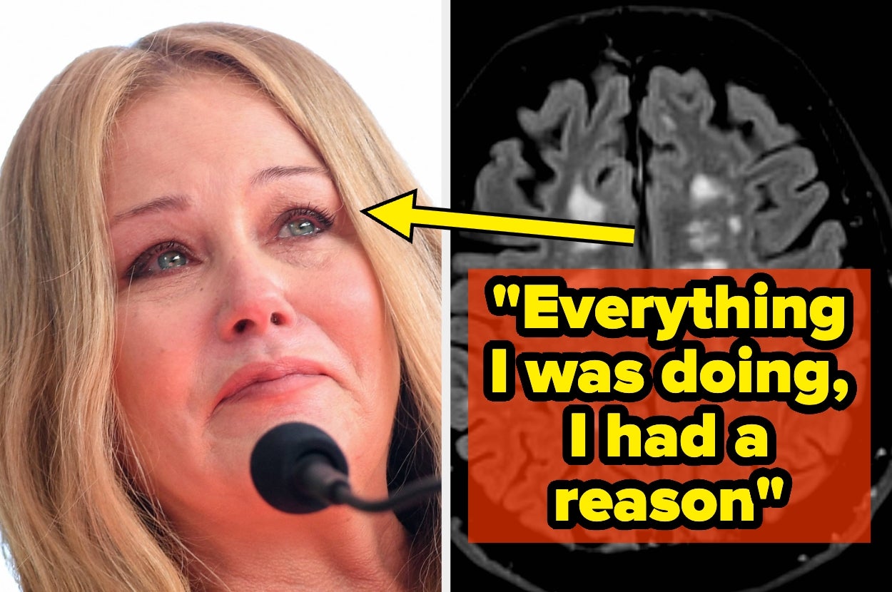 Woman speaking emotionally at a microphone next to a brain scan with the text: "Everything I was doing, I had a reason."