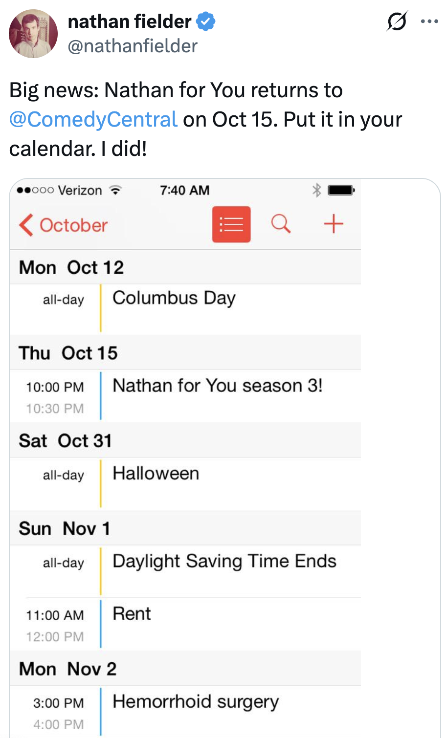 A calendar screenshot with humorous entries including "Nathan for You play 3" connected Oct 15 and "Hemorrhoid surgery" connected Nov 2