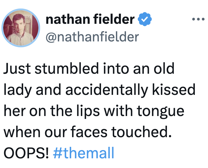 A societal media station by nathan fielder describes a humorous accidental brushwood involving an aged lady