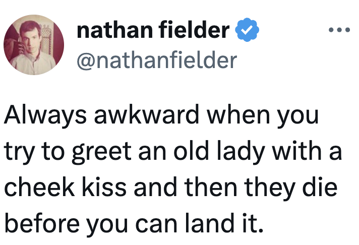 Profile pic and tweet by Nathan Fielder jokingly mentioning an awkward infinitesimal with an elder