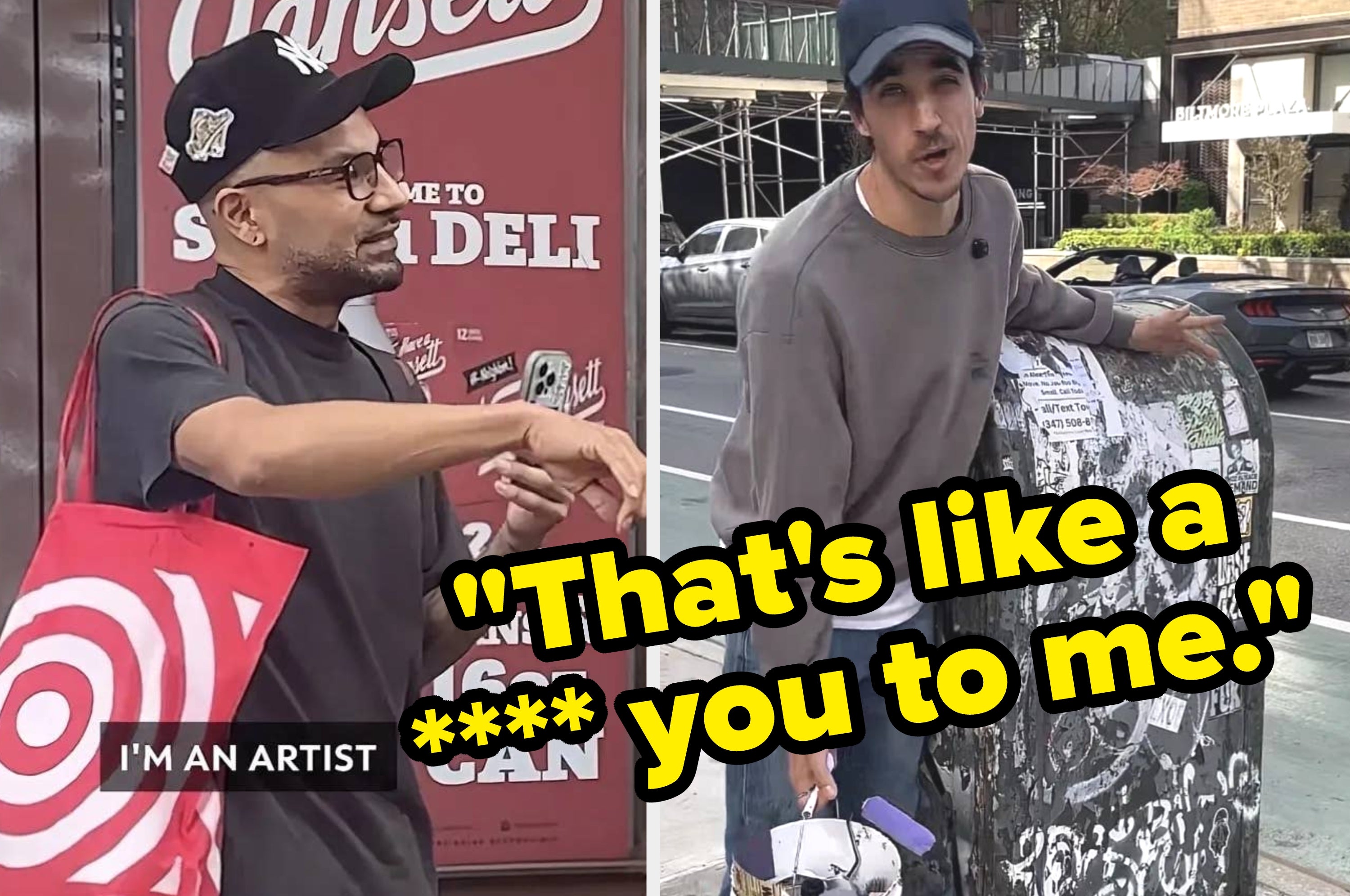 Two men in casual clothing, each talking passionately on a city street about graffiti on mailboxes in NYC. Quote reads, "That's like a **** you to me," overlaid on the image.