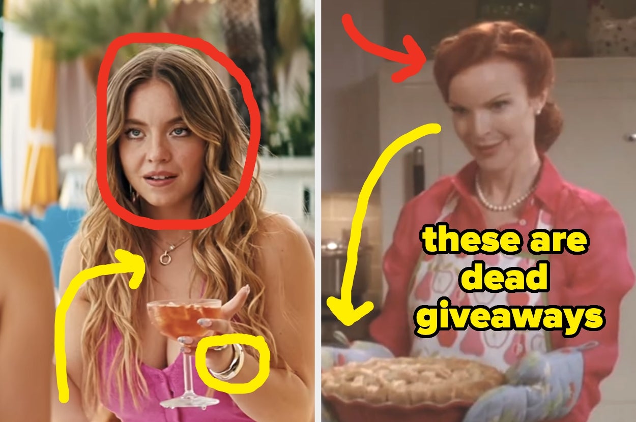 Two image comparison: person holding a drink and a smiling person with a pie. Yellow arrows point to facial expressions and objects