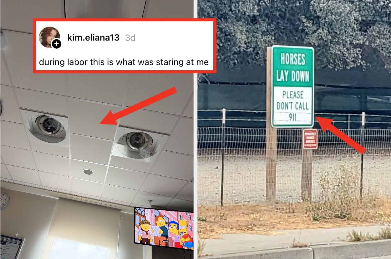 Split image: Left shows ceiling vents and TV with cartoon; right shows a sign reading "HORSES LAY DOWN PLEASE DON'T CALL 911."