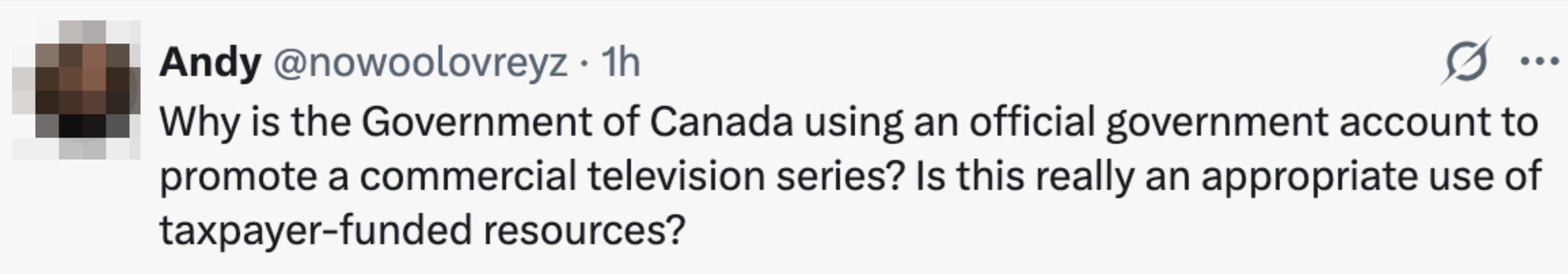 Tweet questions the usage of a Canadian authorities relationship to beforehand a TV series, questioning the appropriateness of utilizing payer resources
