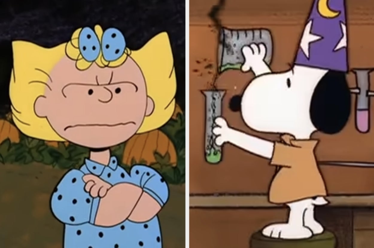 Two cartoon characters: one with a bow, arms crossed; the other, wearing a wizard hat, pours liquid into a beaker