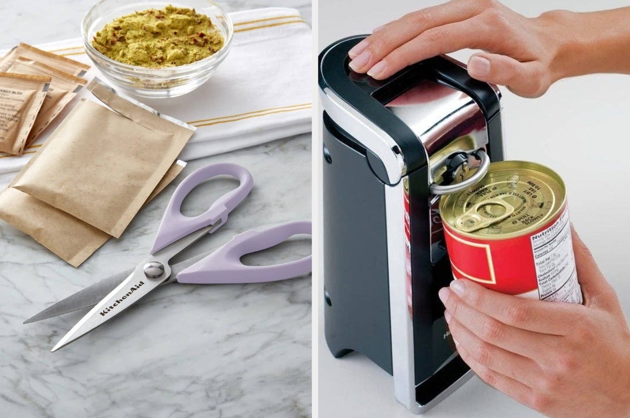 Kitchen shears and an electric can opener are shown. Kitchen accessories are on a marble surface, next to packets and a spice blend