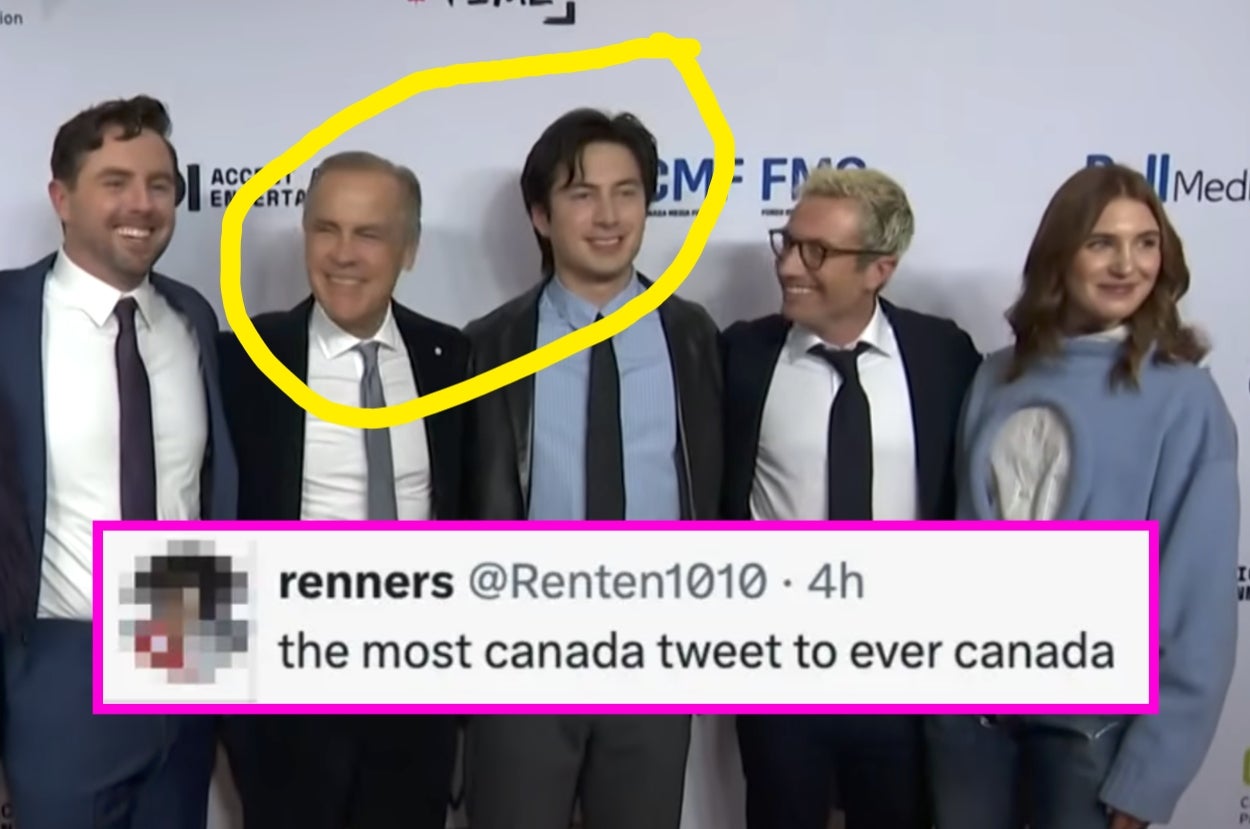 Group of five adults on a red carpet. One man, circled, smiles. A tweet below reads: "the most canada tweet to ever canada."